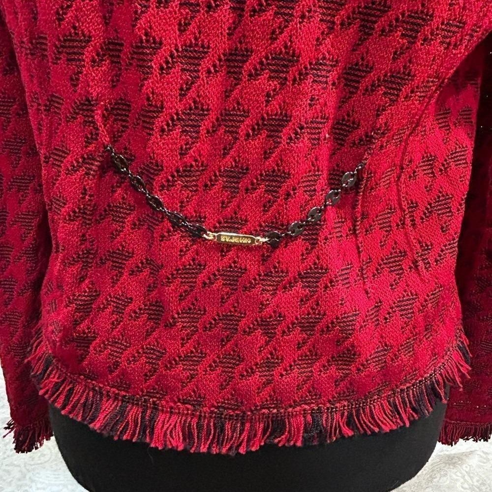 St John Collection Red Black Houndstooth Zip Jacket Blazer Old Money Elegant 4 - Picture 4 of 9